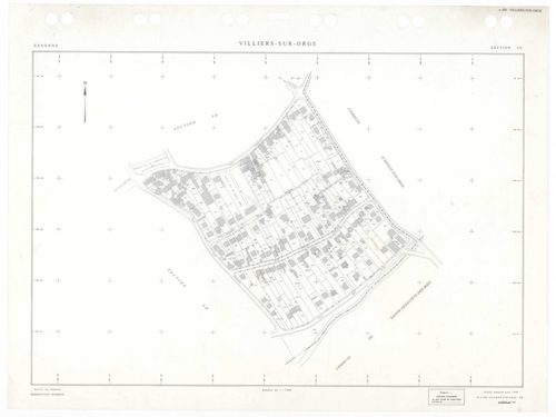 VILLIERS-SUR-ORGE, plans minutes de conservation : tableau d'assemblage,1933, Ech. 1/5000 ; plans des sections Zu, 1953, Ech. 1/2000, sections AA, AB, AE, 1997, Ech. 1/1000, sections AC, AD, 1998, Ech. 1/1000, sections AH, AI, AK, AL, 1999, Ech. 1/1000. P