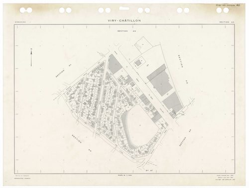 VIRY-CHATILLON, plans minutes de conservation : tableau d'assemblage,1980, Ech. 1/5000 ; plans des sections, AB, AC, AD, AE, AH, AI, AK, AL, AM, AN, AO, AP, AR, AS, AT, AV, AW, AX, AX, AY, BC, BD, BE, BH, BI, BK, BL, BM, 1980, Ech. 1/1000. Polyester. N et