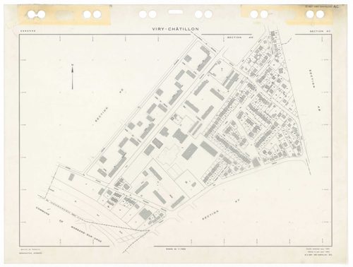 VIRY-CHATILLON, plans minutes de conservation : tableau d'assemblage,1980, Ech. 1/5000 ; plans des sections, AB, AC, AD, AE, AH, AI, AK, AL, AM, AN, AO, AP, AR, AS, AT, AV, AW, AX, AX, AY, BC, BD, BE, BH, BI, BK, BL, BM, 1980, Ech. 1/1000. Polyester. N et
