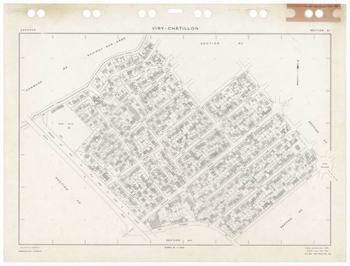 VIRY-CHATILLON, plans minutes de conservation : tableau d'assemblage,1980, Ech. 1/5000 ; plans des sections, AB, AC, AD, AE, AH, AI, AK, AL, AM, AN, AO, AP, AR, AS, AT, AV, AW, AX, AX, AY, BC, BD, BE, BH, BI, BK, BL, BM, 1980, Ech. 1/1000. Polyester. N et