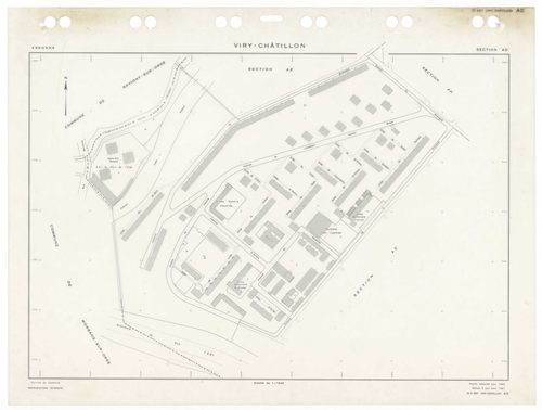 VIRY-CHATILLON, plans minutes de conservation : tableau d'assemblage,1980, Ech. 1/5000 ; plans des sections, AB, AC, AD, AE, AH, AI, AK, AL, AM, AN, AO, AP, AR, AS, AT, AV, AW, AX, AX, AY, BC, BD, BE, BH, BI, BK, BL, BM, 1980, Ech. 1/1000. Polyester. N et