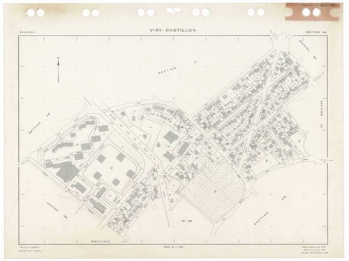 VIRY-CHATILLON, plans minutes de conservation : tableau d'assemblage,1980, Ech. 1/5000 ; plans des sections, AB, AC, AD, AE, AH, AI, AK, AL, AM, AN, AO, AP, AR, AS, AT, AV, AW, AX, AX, AY, BC, BD, BE, BH, BI, BK, BL, BM, 1980, Ech. 1/1000. Polyester. N et