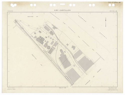VIRY-CHATILLON, plans minutes de conservation : tableau d'assemblage,1980, Ech. 1/5000 ; plans des sections, AB, AC, AD, AE, AH, AI, AK, AL, AM, AN, AO, AP, AR, AS, AT, AV, AW, AX, AX, AY, BC, BD, BE, BH, BI, BK, BL, BM, 1980, Ech. 1/1000. Polyester. N et