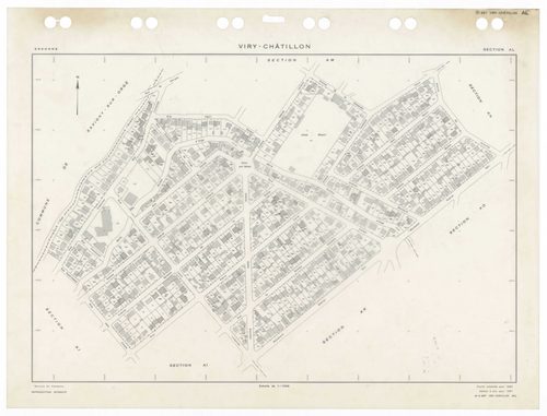 VIRY-CHATILLON, plans minutes de conservation : tableau d'assemblage,1980, Ech. 1/5000 ; plans des sections, AB, AC, AD, AE, AH, AI, AK, AL, AM, AN, AO, AP, AR, AS, AT, AV, AW, AX, AX, AY, BC, BD, BE, BH, BI, BK, BL, BM, 1980, Ech. 1/1000. Polyester. N et