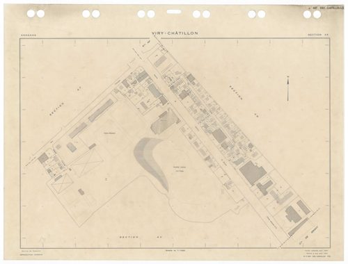 VIRY-CHATILLON, plans minutes de conservation : tableau d'assemblage,1980, Ech. 1/5000 ; plans des sections, AB, AC, AD, AE, AH, AI, AK, AL, AM, AN, AO, AP, AR, AS, AT, AV, AW, AX, AX, AY, BC, BD, BE, BH, BI, BK, BL, BM, 1980, Ech. 1/1000. Polyester. N et