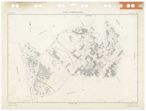 VIRY-CHATILLON, plans minutes de conservation : tableau d'assemblage,1980, Ech. 1/5000 ; plans des sections, AB, AC, AD, AE, AH, AI, AK, AL, AM, AN, AO, AP, AR, AS, AT, AV, AW, AX, AX, AY, BC, BD, BE, BH, BI, BK, BL, BM, 1980, Ech. 1/1000. Polyester. N et