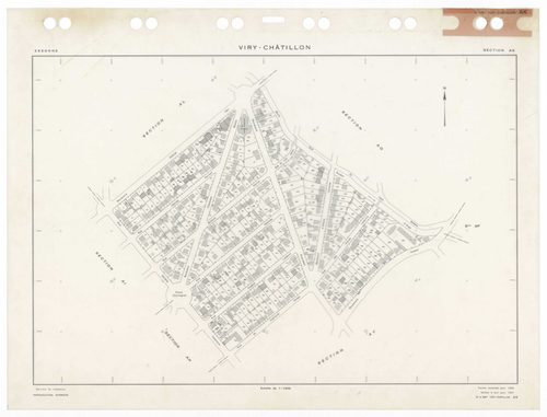 VIRY-CHATILLON, plans minutes de conservation : tableau d'assemblage,1980, Ech. 1/5000 ; plans des sections, AB, AC, AD, AE, AH, AI, AK, AL, AM, AN, AO, AP, AR, AS, AT, AV, AW, AX, AX, AY, BC, BD, BE, BH, BI, BK, BL, BM, 1980, Ech. 1/1000. Polyester. N et