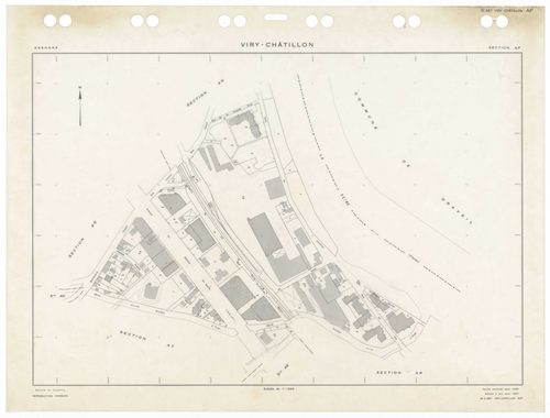 VIRY-CHATILLON, plans minutes de conservation : tableau d'assemblage,1980, Ech. 1/5000 ; plans des sections, AB, AC, AD, AE, AH, AI, AK, AL, AM, AN, AO, AP, AR, AS, AT, AV, AW, AX, AX, AY, BC, BD, BE, BH, BI, BK, BL, BM, 1980, Ech. 1/1000. Polyester. N et