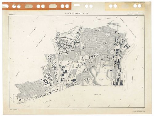 VIRY-CHATILLON, plans minutes de conservation : tableau d'assemblage,1980, Ech. 1/5000 ; plans des sections, AB, AC, AD, AE, AH, AI, AK, AL, AM, AN, AO, AP, AR, AS, AT, AV, AW, AX, AX, AY, BC, BD, BE, BH, BI, BK, BL, BM, 1980, Ech. 1/1000. Polyester. N et