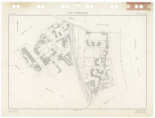 VIRY-CHATILLON, plans minutes de conservation : tableau d'assemblage,1980, Ech. 1/5000 ; plans des sections, AB, AC, AD, AE, AH, AI, AK, AL, AM, AN, AO, AP, AR, AS, AT, AV, AW, AX, AX, AY, BC, BD, BE, BH, BI, BK, BL, BM, 1980, Ech. 1/1000. Polyester. N et