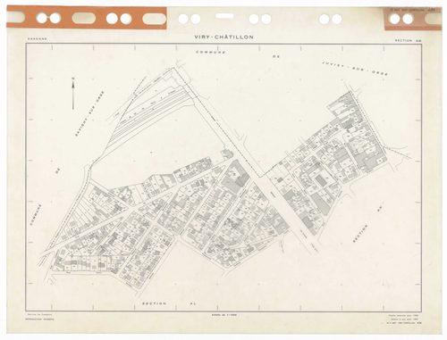 VIRY-CHATILLON, plans minutes de conservation : tableau d'assemblage,1980, Ech. 1/5000 ; plans des sections, AB, AC, AD, AE, AH, AI, AK, AL, AM, AN, AO, AP, AR, AS, AT, AV, AW, AX, AX, AY, BC, BD, BE, BH, BI, BK, BL, BM, 1980, Ech. 1/1000. Polyester. N et