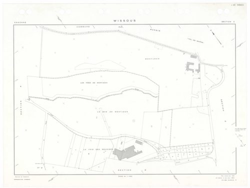 WISSOUS, plans minutes de conservation : tableau d'assemblage,1951, Ech. 1/10000 ; plans des sections Au, Bu, Cu, Du, Eu, Fu, Gu, Hu, Iu, Ju, Ku, Lu, Mu, Nu, Ou, Pu, Qu, Ru, Su, Tu, Uu, Wu, Xu, Yu, Zu, AB, AC, AD, AE, 1951, Ech. 1/1000. Polyester. N et B.