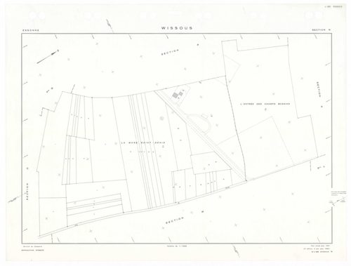 WISSOUS, plans minutes de conservation : tableau d'assemblage,1951, Ech. 1/10000 ; plans des sections Au, Bu, Cu, Du, Eu, Fu, Gu, Hu, Iu, Ju, Ku, Lu, Mu, Nu, Ou, Pu, Qu, Ru, Su, Tu, Uu, Wu, Xu, Yu, Zu, AB, AC, AD, AE, 1951, Ech. 1/1000. Polyester. N et B.