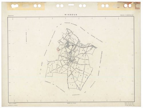 WISSOUS, plans minutes de conservation : tableau d'assemblage,1951, Ech. 1/10000 ; plans des sections Au, Bu, Cu, Du, Eu, Fu, Gu, Hu, Iu, Ju, Ku, Lu, Mu, Nu, Ou, Pu, Qu, Ru, Su, Tu, Uu, Wu, Xu, Yu, Zu, AB, AC, AD, AE, 1951, Ech. 1/1000. Polyester. N et B.