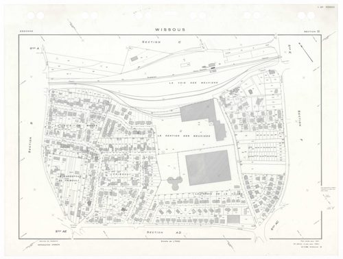 WISSOUS, plans minutes de conservation : tableau d'assemblage,1951, Ech. 1/10000 ; plans des sections Au, Bu, Cu, Du, Eu, Fu, Gu, Hu, Iu, Ju, Ku, Lu, Mu, Nu, Ou, Pu, Qu, Ru, Su, Tu, Uu, Wu, Xu, Yu, Zu, AB, AC, AD, AE, 1951, Ech. 1/1000. Polyester. N et B.