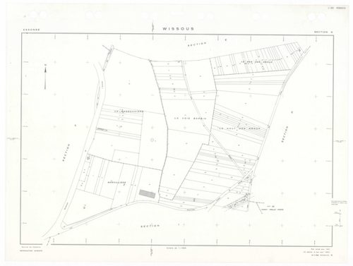 WISSOUS, plans minutes de conservation : tableau d'assemblage,1951, Ech. 1/10000 ; plans des sections Au, Bu, Cu, Du, Eu, Fu, Gu, Hu, Iu, Ju, Ku, Lu, Mu, Nu, Ou, Pu, Qu, Ru, Su, Tu, Uu, Wu, Xu, Yu, Zu, AB, AC, AD, AE, 1951, Ech. 1/1000. Polyester. N et B.