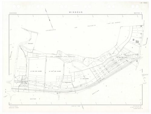 WISSOUS, plans minutes de conservation : tableau d'assemblage,1951, Ech. 1/10000 ; plans des sections Au, Bu, Cu, Du, Eu, Fu, Gu, Hu, Iu, Ju, Ku, Lu, Mu, Nu, Ou, Pu, Qu, Ru, Su, Tu, Uu, Wu, Xu, Yu, Zu, AB, AC, AD, AE, 1951, Ech. 1/1000. Polyester. N et B.
