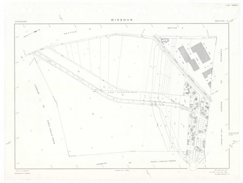 WISSOUS, plans minutes de conservation : tableau d'assemblage,1951, Ech. 1/10000 ; plans des sections Au, Bu, Cu, Du, Eu, Fu, Gu, Hu, Iu, Ju, Ku, Lu, Mu, Nu, Ou, Pu, Qu, Ru, Su, Tu, Uu, Wu, Xu, Yu, Zu, AB, AC, AD, AE, 1951, Ech. 1/1000. Polyester. N et B.
