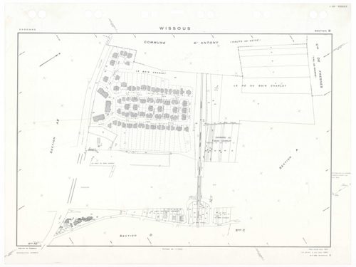 WISSOUS, plans minutes de conservation : tableau d'assemblage,1951, Ech. 1/10000 ; plans des sections Au, Bu, Cu, Du, Eu, Fu, Gu, Hu, Iu, Ju, Ku, Lu, Mu, Nu, Ou, Pu, Qu, Ru, Su, Tu, Uu, Wu, Xu, Yu, Zu, AB, AC, AD, AE, 1951, Ech. 1/1000. Polyester. N et B.