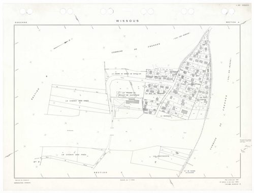 WISSOUS, plans minutes de conservation : tableau d'assemblage,1951, Ech. 1/10000 ; plans des sections Au, Bu, Cu, Du, Eu, Fu, Gu, Hu, Iu, Ju, Ku, Lu, Mu, Nu, Ou, Pu, Qu, Ru, Su, Tu, Uu, Wu, Xu, Yu, Zu, AB, AC, AD, AE, 1951, Ech. 1/1000. Polyester. N et B.