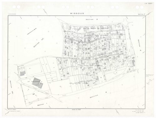 WISSOUS, plans minutes de conservation : tableau d'assemblage,1951, Ech. 1/10000 ; plans des sections Au, Bu, Cu, Du, Eu, Fu, Gu, Hu, Iu, Ju, Ku, Lu, Mu, Nu, Ou, Pu, Qu, Ru, Su, Tu, Uu, Wu, Xu, Yu, Zu, AB, AC, AD, AE, 1951, Ech. 1/1000. Polyester. N et B.