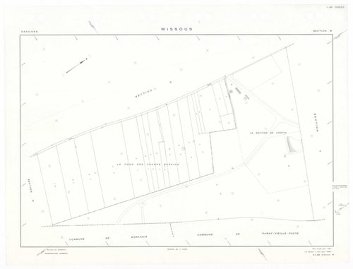 WISSOUS, plans minutes de conservation : tableau d'assemblage,1951, Ech. 1/10000 ; plans des sections Au, Bu, Cu, Du, Eu, Fu, Gu, Hu, Iu, Ju, Ku, Lu, Mu, Nu, Ou, Pu, Qu, Ru, Su, Tu, Uu, Wu, Xu, Yu, Zu, AB, AC, AD, AE, 1951, Ech. 1/1000. Polyester. N et B.