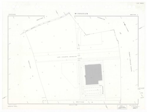 WISSOUS, plans minutes de conservation : tableau d'assemblage,1951, Ech. 1/10000 ; plans des sections Au, Bu, Cu, Du, Eu, Fu, Gu, Hu, Iu, Ju, Ku, Lu, Mu, Nu, Ou, Pu, Qu, Ru, Su, Tu, Uu, Wu, Xu, Yu, Zu, AB, AC, AD, AE, 1951, Ech. 1/1000. Polyester. N et B.
