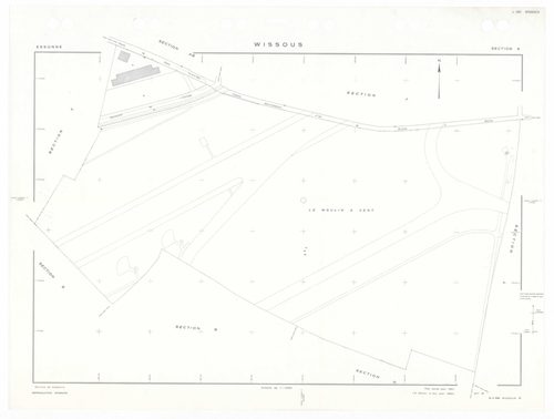 WISSOUS, plans minutes de conservation : tableau d'assemblage,1951, Ech. 1/10000 ; plans des sections Au, Bu, Cu, Du, Eu, Fu, Gu, Hu, Iu, Ju, Ku, Lu, Mu, Nu, Ou, Pu, Qu, Ru, Su, Tu, Uu, Wu, Xu, Yu, Zu, AB, AC, AD, AE, 1951, Ech. 1/1000. Polyester. N et B.