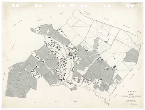 YERRES, plans minutes de conservation : tableau d'assemblage,1965, Ech. 1/5000 ; plans des sections A1, A2, BU, 1965, Ech. 1/2500, section AL, 1965, Ech. 1/2000, sections AB, AC, AD, AE, AH, AI, AK, AM, AN, AO, AP, AR, AS, AT, AV, AW, AX, AY, BB, BC, BD, 