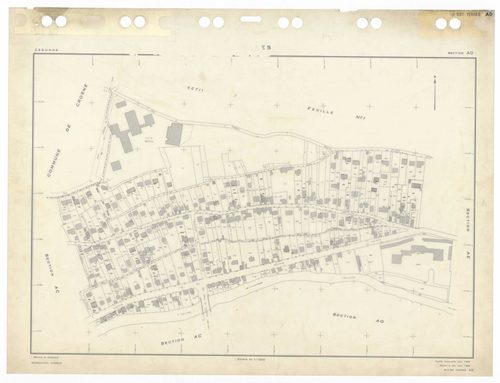 YERRES, plans minutes de conservation : tableau d'assemblage,1965, Ech. 1/5000 ; plans des sections A1, A2, BU, 1965, Ech. 1/2500, section AL, 1965, Ech. 1/2000, sections AB, AC, AD, AE, AH, AI, AK, AM, AN, AO, AP, AR, AS, AT, AV, AW, AX, AY, BB, BC, BD, 