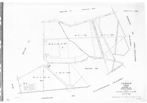 YERRES. - Cadastre de 1810 mis à jour pour 1965 : plan du tableau d'assemblage, plans de la section A 1ère feuille, idem 2ème feuille, section B ; cadastre renouvelé pour 1965 : plans de la section AK, section AL, section AM, section AN, section AO, secti