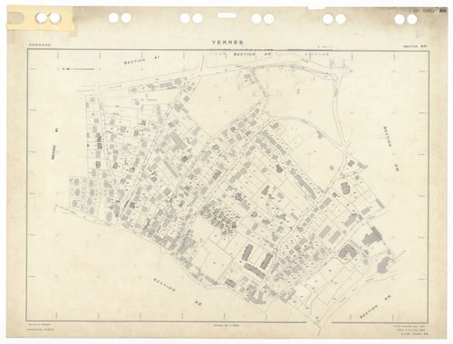 YERRES, plans minutes de conservation : tableau d'assemblage,1965, Ech. 1/5000 ; plans des sections A1, A2, BU, 1965, Ech. 1/2500, section AL, 1965, Ech. 1/2000, sections AB, AC, AD, AE, AH, AI, AK, AM, AN, AO, AP, AR, AS, AT, AV, AW, AX, AY, BB, BC, BD, 