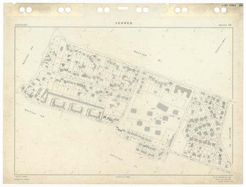 YERRES, plans minutes de conservation : tableau d'assemblage,1965, Ech. 1/5000 ; plans des sections A1, A2, BU, 1965, Ech. 1/2500, section AL, 1965, Ech. 1/2000, sections AB, AC, AD, AE, AH, AI, AK, AM, AN, AO, AP, AR, AS, AT, AV, AW, AX, AY, BB, BC, BD, 