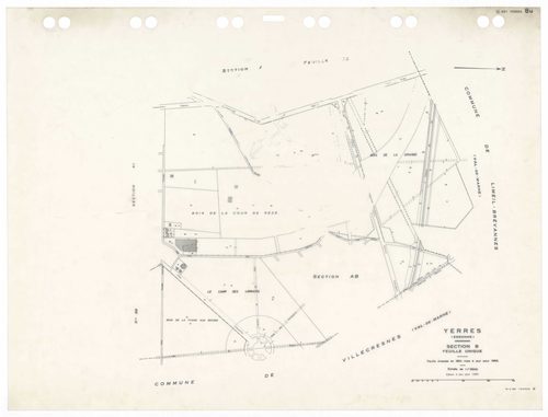 YERRES, plans minutes de conservation : tableau d'assemblage,1965, Ech. 1/5000 ; plans des sections A1, A2, BU, 1965, Ech. 1/2500, section AL, 1965, Ech. 1/2000, sections AB, AC, AD, AE, AH, AI, AK, AM, AN, AO, AP, AR, AS, AT, AV, AW, AX, AY, BB, BC, BD, 