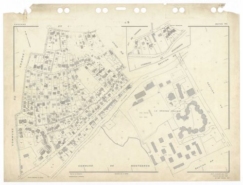 YERRES, plans minutes de conservation : tableau d'assemblage,1965, Ech. 1/5000 ; plans des sections A1, A2, BU, 1965, Ech. 1/2500, section AL, 1965, Ech. 1/2000, sections AB, AC, AD, AE, AH, AI, AK, AM, AN, AO, AP, AR, AS, AT, AV, AW, AX, AY, BB, BC, BD, 
