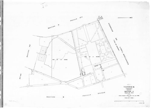 YERRES. - Cadastre de 1810 mis à jour pour 1965 : plan du tableau d'assemblage, plans de la section A 1ère feuille, idem 2ème feuille, section B ; cadastre renouvelé pour 1965 : plans de la section AK, section AL, section AM, section AN, section AO, secti