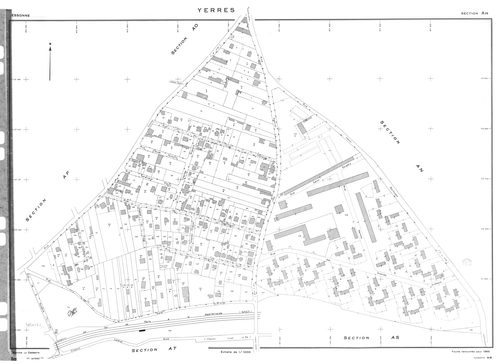 YERRES. - Cadastre de 1810 mis à jour pour 1965 : plan du tableau d'assemblage, plans de la section A 1ère feuille, idem 2ème feuille, section B ; cadastre renouvelé pour 1965 : plans de la section AK, section AL, section AM, section AN, section AO, secti
