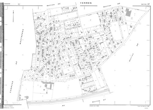 YERRES. - Cadastre de 1810 mis à jour pour 1965 : plan du tableau d'assemblage, plans de la section A 1ère feuille, idem 2ème feuille, section B ; cadastre renouvelé pour 1965 : plans de la section AK, section AL, section AM, section AN, section AO, secti