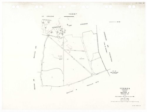 YERRES, plans minutes de conservation : tableau d'assemblage,1965, Ech. 1/5000 ; plans des sections A1, A2, BU, 1965, Ech. 1/2500, section AL, 1965, Ech. 1/2000, sections AB, AC, AD, AE, AH, AI, AK, AM, AN, AO, AP, AR, AS, AT, AV, AW, AX, AY, BB, BC, BD, 