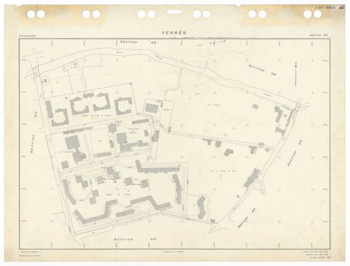 YERRES, plans minutes de conservation : tableau d'assemblage,1965, Ech. 1/5000 ; plans des sections A1, A2, BU, 1965, Ech. 1/2500, section AL, 1965, Ech. 1/2000, sections AB, AC, AD, AE, AH, AI, AK, AM, AN, AO, AP, AR, AS, AT, AV, AW, AX, AY, BB, BC, BD, 