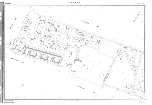 YERRES. - Cadastre de 1810 mis à jour pour 1965 : plan du tableau d'assemblage, plans de la section A 1ère feuille, idem 2ème feuille, section B ; cadastre renouvelé pour 1965 : plans de la section AK, section AL, section AM, section AN, section AO, secti