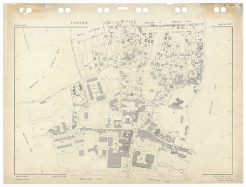 YERRES, plans minutes de conservation : tableau d'assemblage,1965, Ech. 1/5000 ; plans des sections A1, A2, BU, 1965, Ech. 1/2500, section AL, 1965, Ech. 1/2000, sections AB, AC, AD, AE, AH, AI, AK, AM, AN, AO, AP, AR, AS, AT, AV, AW, AX, AY, BB, BC, BD, 
