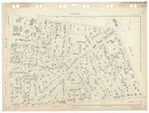 YERRES, plans minutes de conservation : tableau d'assemblage,1965, Ech. 1/5000 ; plans des sections A1, A2, BU, 1965, Ech. 1/2500, section AL, 1965, Ech. 1/2000, sections AB, AC, AD, AE, AH, AI, AK, AM, AN, AO, AP, AR, AS, AT, AV, AW, AX, AY, BB, BC, BD, 