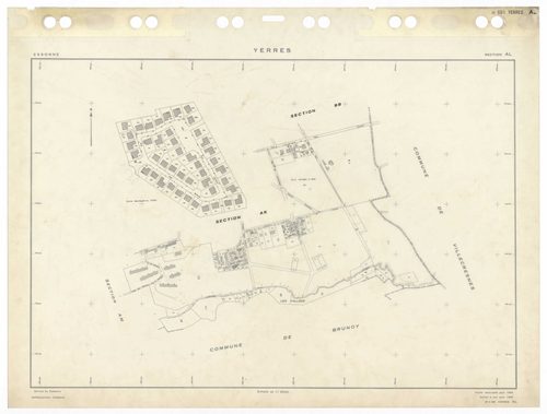 YERRES, plans minutes de conservation : tableau d'assemblage,1965, Ech. 1/5000 ; plans des sections A1, A2, BU, 1965, Ech. 1/2500, section AL, 1965, Ech. 1/2000, sections AB, AC, AD, AE, AH, AI, AK, AM, AN, AO, AP, AR, AS, AT, AV, AW, AX, AY, BB, BC, BD, 