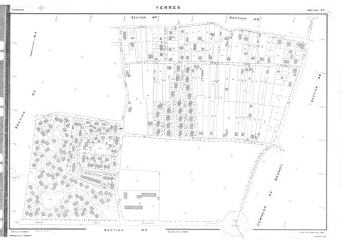 YERRES. - Cadastre de 1810 mis à jour pour 1965 : plan du tableau d'assemblage, plans de la section A 1ère feuille, idem 2ème feuille, section B ; cadastre renouvelé pour 1965 : plans de la section AK, section AL, section AM, section AN, section AO, secti