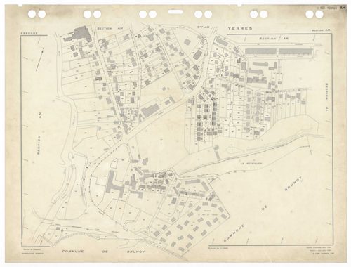 YERRES, plans minutes de conservation : tableau d'assemblage,1965, Ech. 1/5000 ; plans des sections A1, A2, BU, 1965, Ech. 1/2500, section AL, 1965, Ech. 1/2000, sections AB, AC, AD, AE, AH, AI, AK, AM, AN, AO, AP, AR, AS, AT, AV, AW, AX, AY, BB, BC, BD, 
