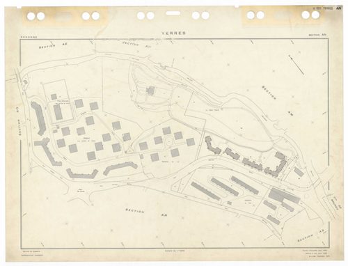 YERRES, plans minutes de conservation : tableau d'assemblage,1965, Ech. 1/5000 ; plans des sections A1, A2, BU, 1965, Ech. 1/2500, section AL, 1965, Ech. 1/2000, sections AB, AC, AD, AE, AH, AI, AK, AM, AN, AO, AP, AR, AS, AT, AV, AW, AX, AY, BB, BC, BD, 