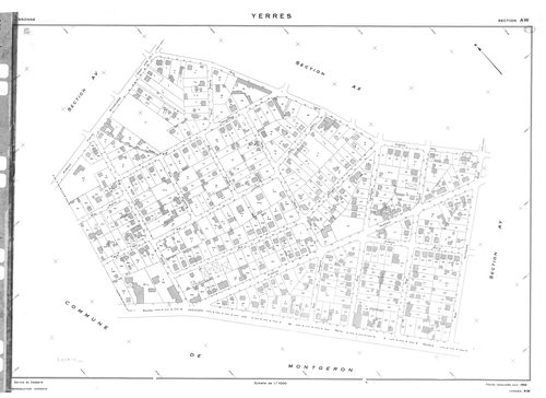 YERRES. - Cadastre de 1810 mis à jour pour 1965 : plan du tableau d'assemblage, plans de la section A 1ère feuille, idem 2ème feuille, section B ; cadastre renouvelé pour 1965 : plans de la section AK, section AL, section AM, section AN, section AO, secti
