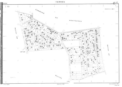 YERRES. - Cadastre de 1810 mis à jour pour 1965 : plan du tableau d'assemblage, plans de la section A 1ère feuille, idem 2ème feuille, section B ; cadastre renouvelé pour 1965 : plans de la section AK, section AL, section AM, section AN, section AO, secti