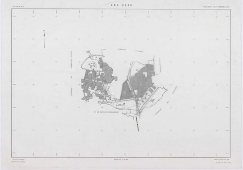 ULIS (LES), plans minutes de conservation : tableau d'assemblage,1987, Ech. 1/10000 ; plans des sections BE, BH, BI, BK, BL, BM, BP, BS, 1986, Ech. 1/1000, sections BN, BO, BR, 1986, Ech. 1/2000. Polyester. N et B. Dim. 105 x 80 cm [12 plans]. 
